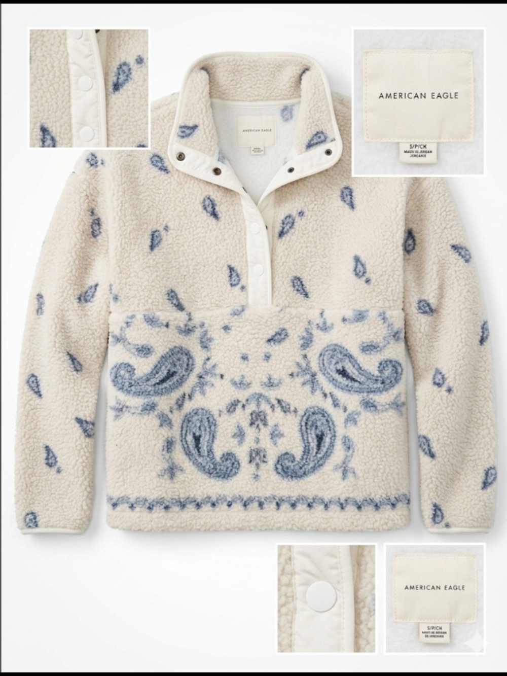 American Eagle Outfitters Cream Sherpa Pullover with Blue Paisley Print